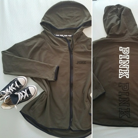 PINK Victoria's Secret Sweaters - PINK vs olive green black side zip logo hoodie